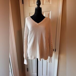 Express Women's V-Neck, Ruffled Detailed Long Sleeve Sweater in Cream